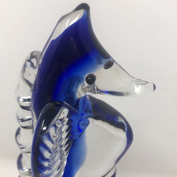 Art Glass Seahorse Paperweight Cobalt Blue Bullicante Bubbles 7" Beachy Coastal - Picture 9 of 11